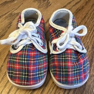 Vintage Tartan Plaid Baby Shoes Size 2 Made In USA Lace Up Sneakers